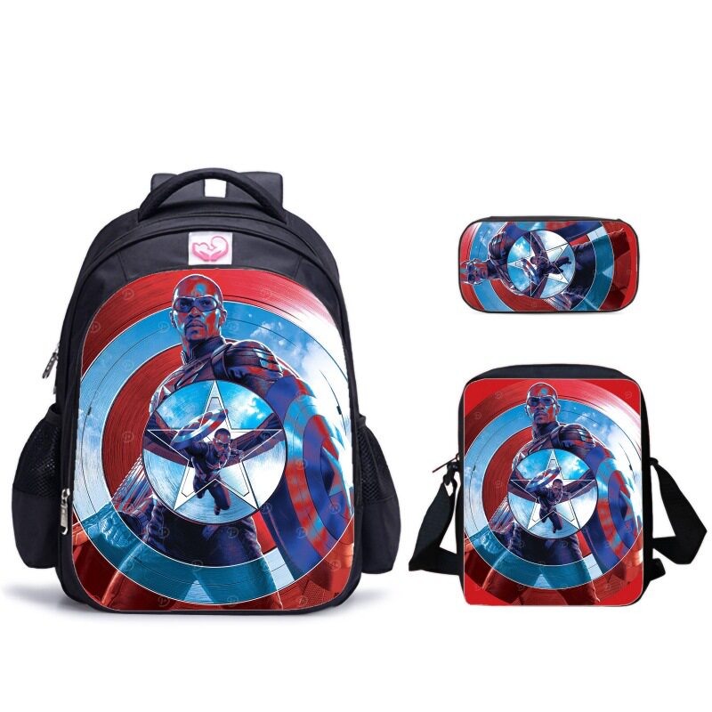 美国队长4-三件套-书包+竖款挎包+笔袋卡通印花休闲三件套