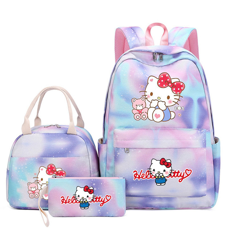 跨境可爱卡通图案猫咪女生书包三件套午餐袋双肩背包大容量
