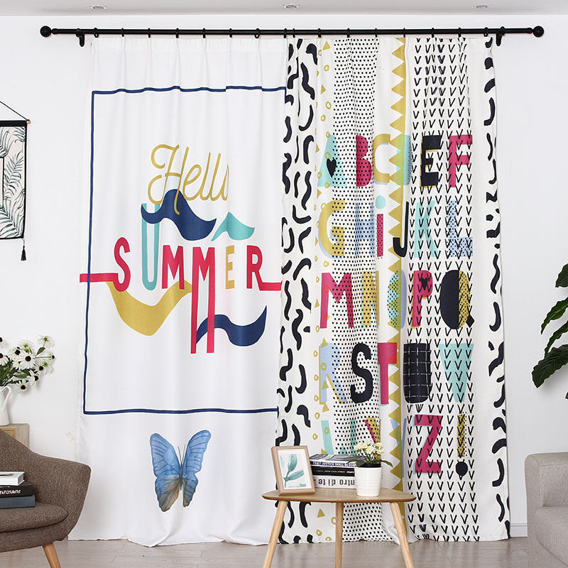 儿童房窗帘2023年新款英文字母蝴蝶图案男孩卧室女孩书房遮光挂钩