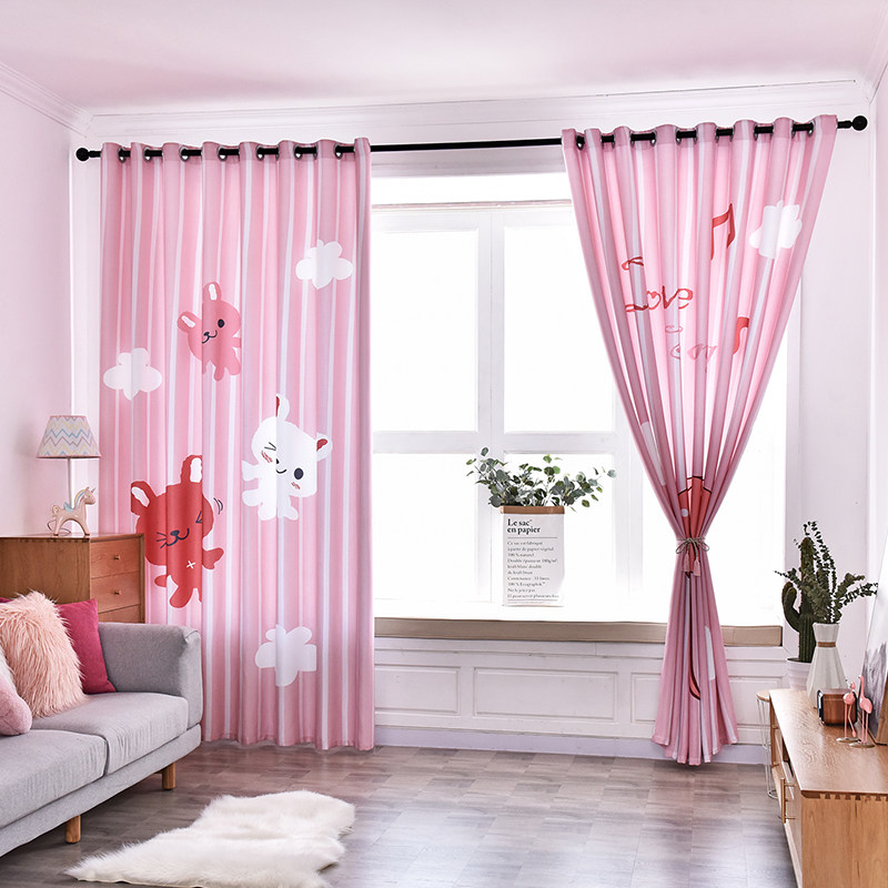 1111粉色浪漫小兔子图案窗帘网红款卧室少女女孩卧室儿童房公主风