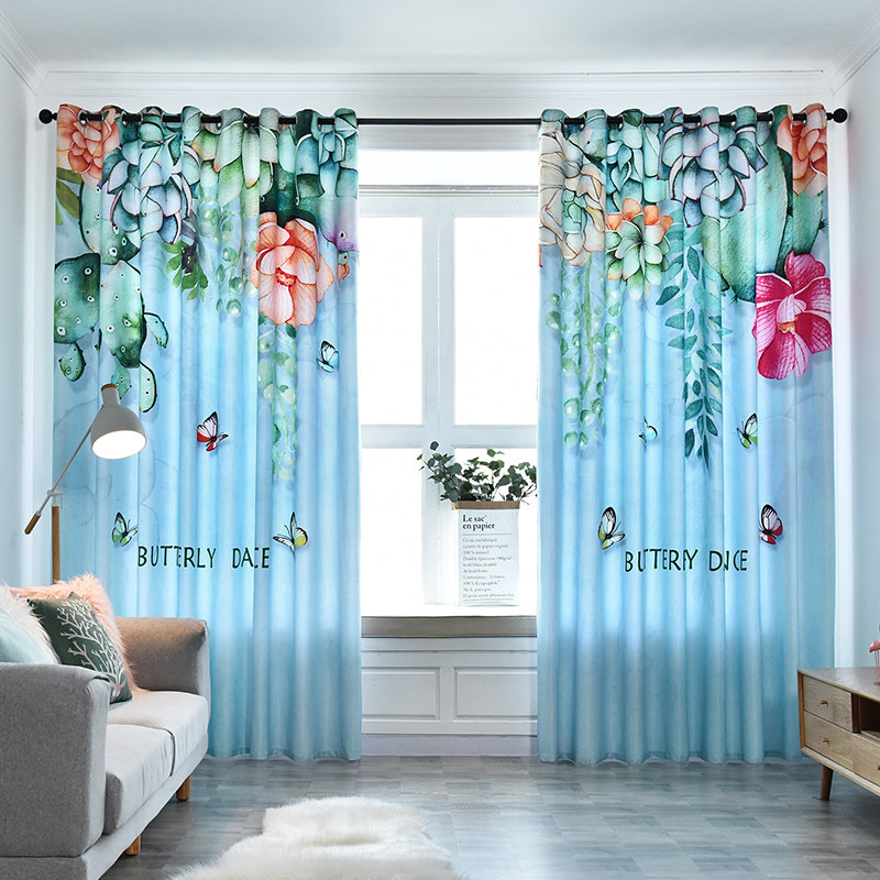 多肉植物蝴蝶印花窗帘 客厅阳台卧室少女心落地窗窗帘免打孔遮光