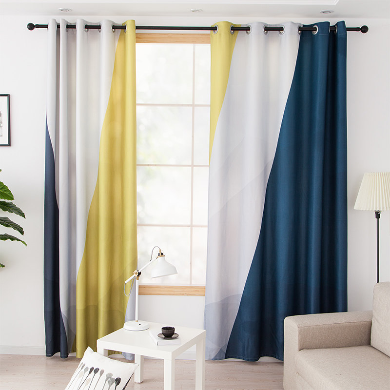 北欧黄蓝窗帘ins风卧室2023年新款客厅遮光落地飘窗挂钩式免打孔