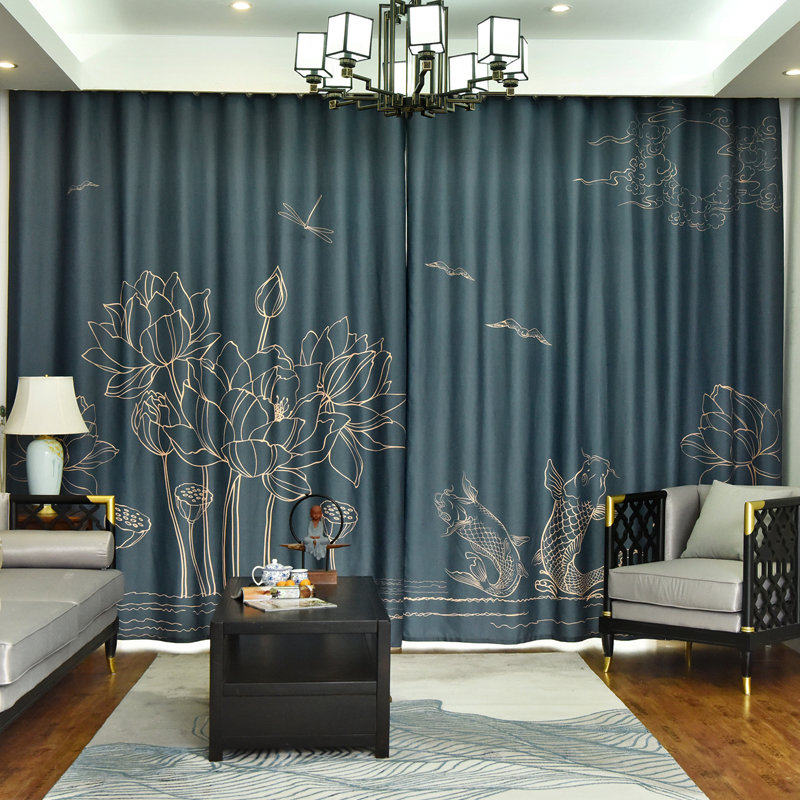 新中式荷花招财鱼客厅卧室遮光窗帘2024年新款国风轻奢古典布料
