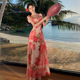 超仙大摆氛围感粉玫瑰花朵复古方领吊带长裙设计感海边度假连衣裙