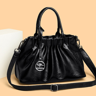 手提包女2024新款潮小众褶皱包手拎包真皮女包时尚中年单肩斜挎包
