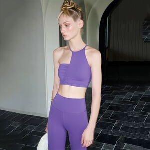 瑜伽美背运动文胸女收褶健身内衣小吊带速干不规则撞色背心性感弹