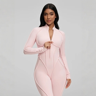 新品冬季一体式运动连体瑜伽服露背紧身长袖长裤连体衣立体健身弹