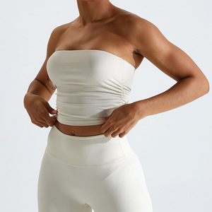 欧美新款螺纹裹胸运动内衣女修身抹胸上衣侧面褶皱瑜伽文胸健身聚