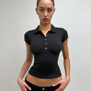 短袖 美式 运动风纯色辣妹女运动T恤上衣翻领套头弹力紧身排扣修身