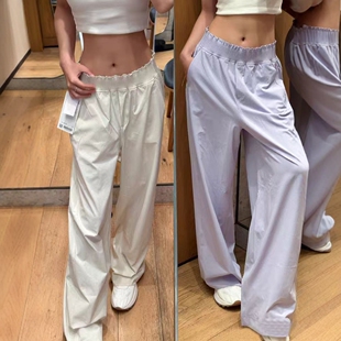 lu腰部褶边松紧腰休闲阔腿运动长裤 高腰 女直筒宽松跑步户外运动裤