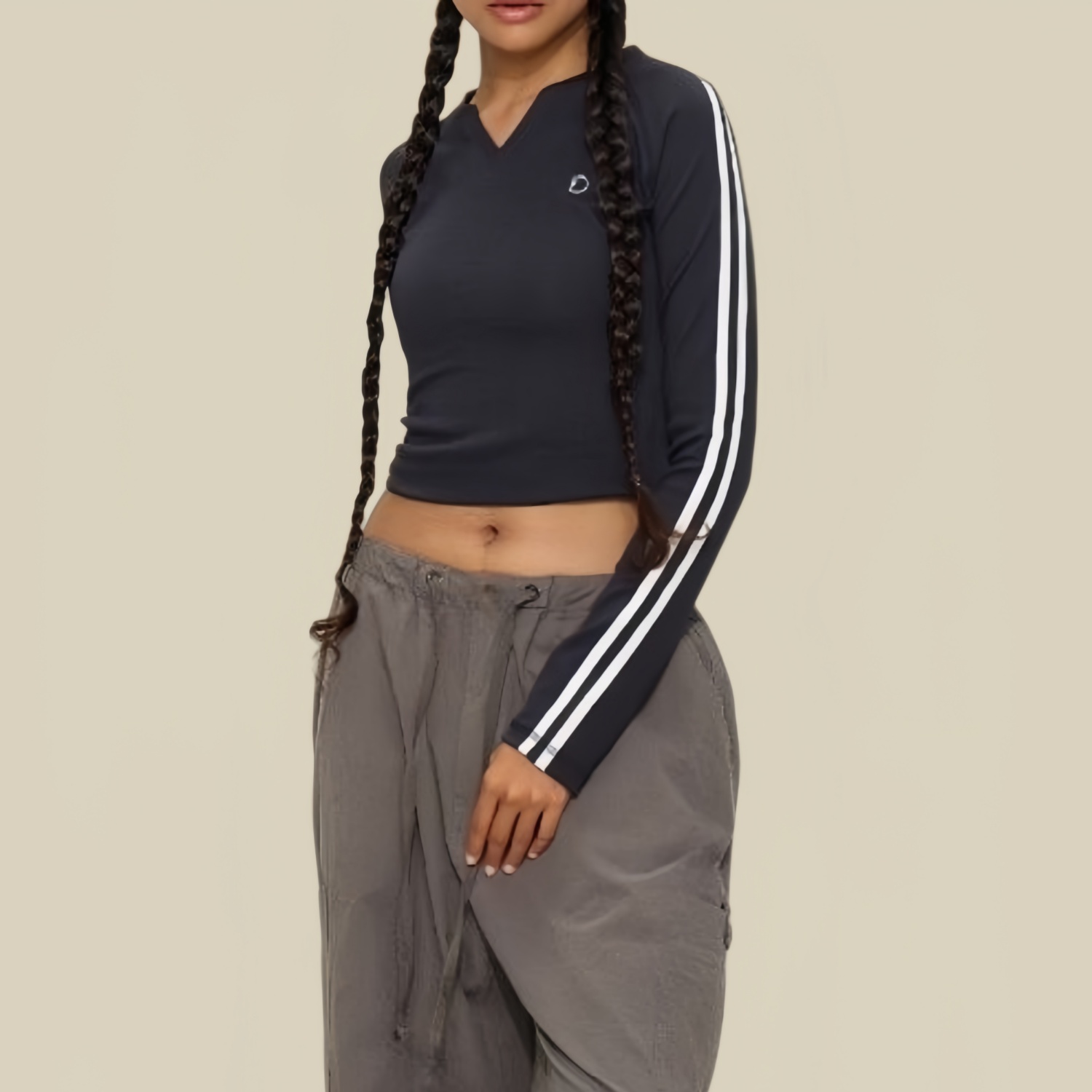 美式复古撞色条纹V领运动长袖女