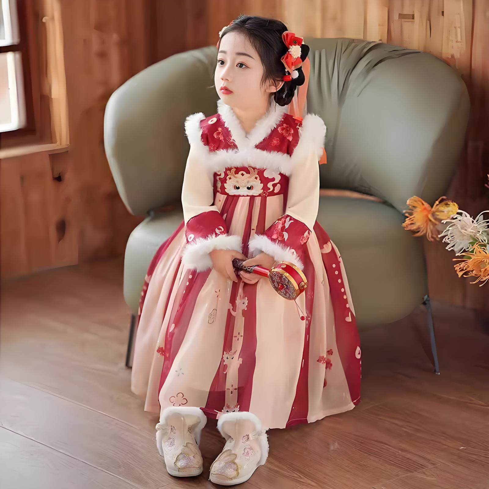 【新年限定】女童汉服冬款加绒貉子毛领刺绣瑞兽齐胸襦裙过年新衣