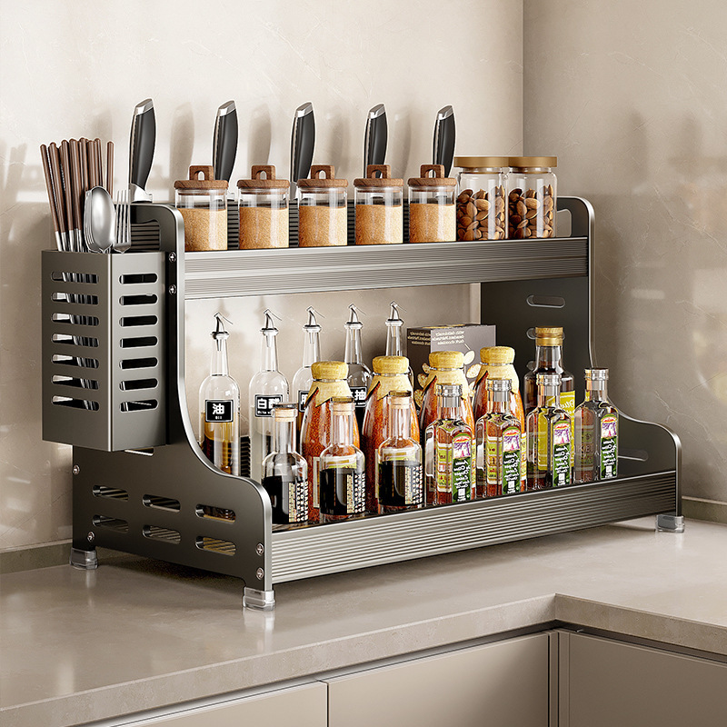 厨房置物架免安装一体刀架台面调料架家用调味品多功能大收纳架子