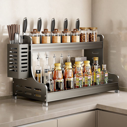 厨房置物架免安装一体刀架台面调料架家用调味品多功能大收纳架子