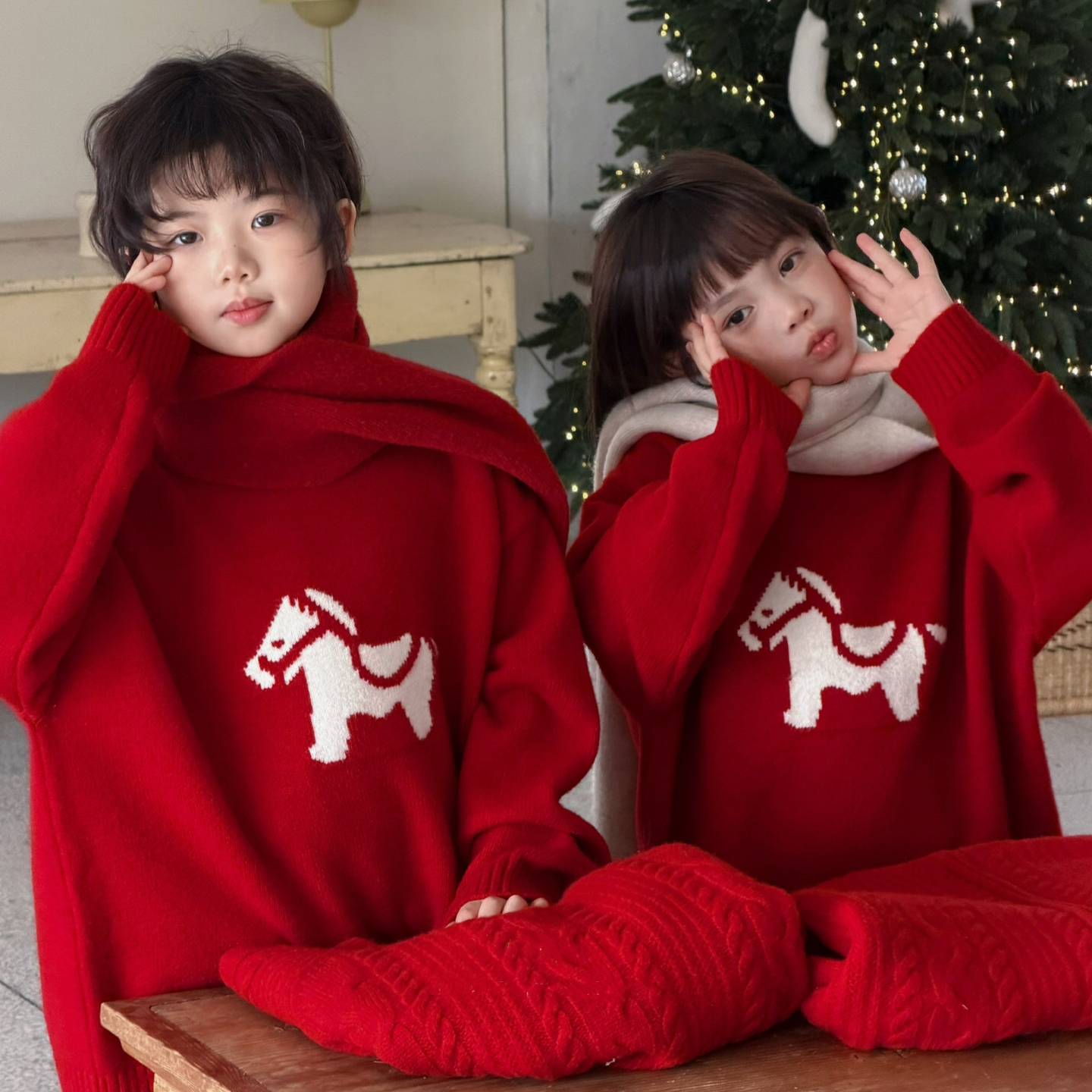 G+童装男女童红色毛衣
