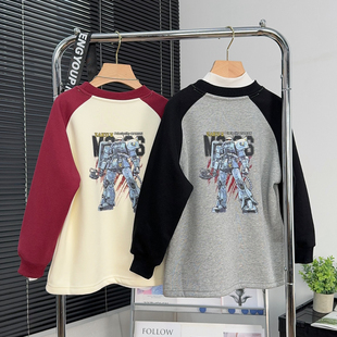 童乐鱼童装男童一体绒长袖T恤冬季儿童插肩袖大童保暖打底衫5888