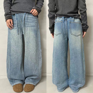 爱木橦童装女童加绒贴钻牛仔裤2025冬季新款儿童加厚直筒裤潮7890