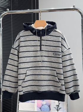 童乐鱼童装男童条纹加绒卫衣冬装中大童加厚帽衫外套儿童上衣9569