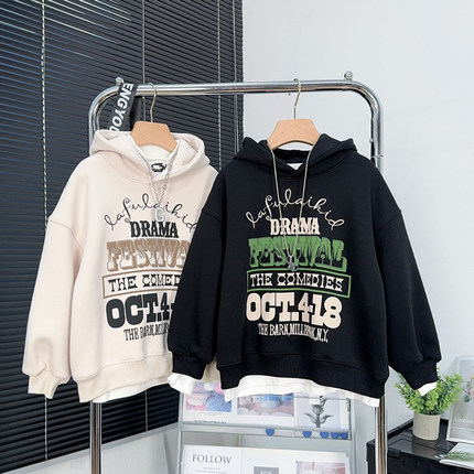 啦芙莱童装男童加绒连帽卫衣冬款中大童保暖上衣儿童一体绒帽衫潮