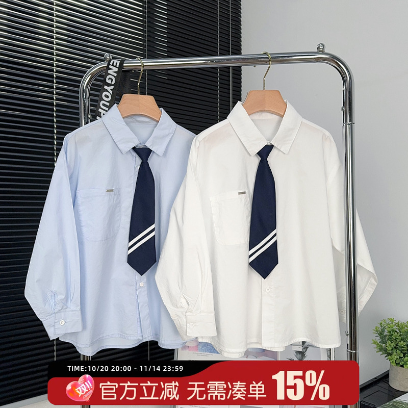 品牌童装男童学院风衬衫2025春季中大童长袖衬衣韩版儿童白色上衣