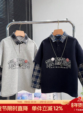 大E小e童装男童假两件卫衣2025秋装中大童休闲POLO衫儿童上衣3763