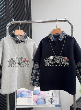 大E小e童装男童假两件卫衣2025秋装中大童休闲POLO衫儿童上衣3763