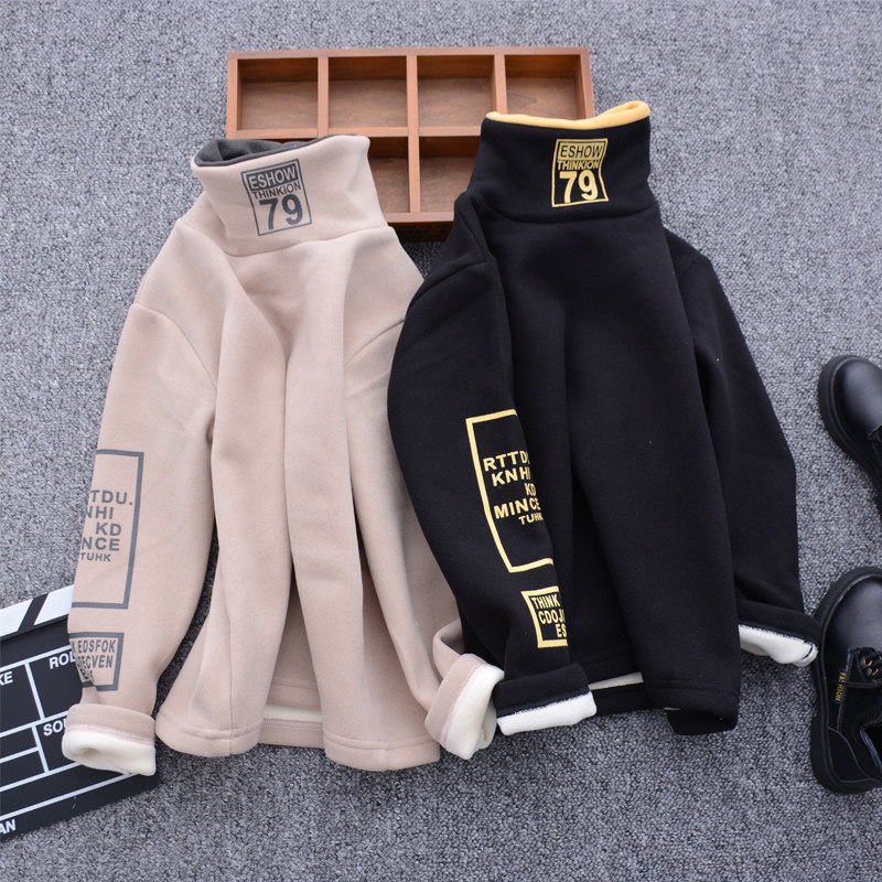 男童加绒打底衫2025冬季中大童一体绒保暖T恤加厚儿童高领卫衣女