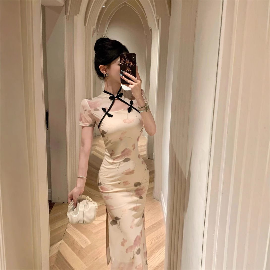 法式印花收腰显瘦网纱包臂开衩