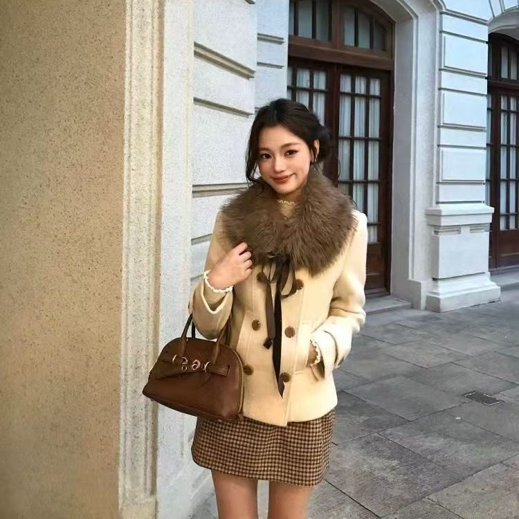 秋季韩系氛围感气质套装裙双排扣保暖毛呢外套+格子纯欲包臀半裙,女装/女士精品,时尚套装,淘宝优惠券,粉丝福利购,淘宝优惠卷