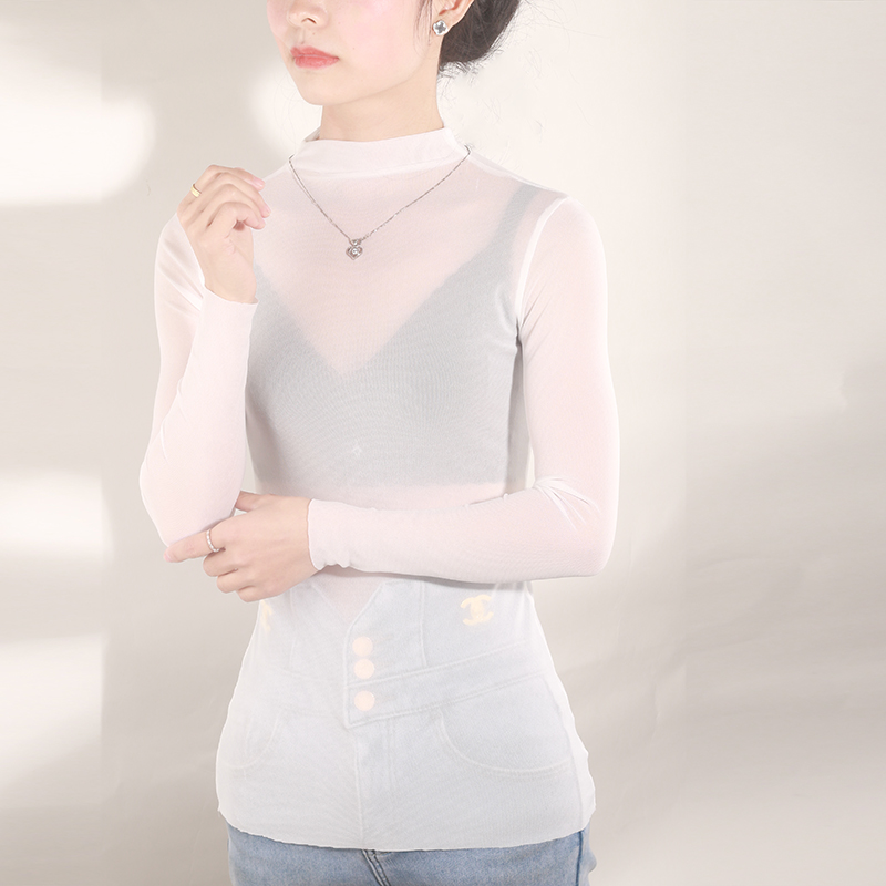 2022长袖黑色t恤网纱上衣薄款内搭纱衣透视网纱打底衫套头防晒衫