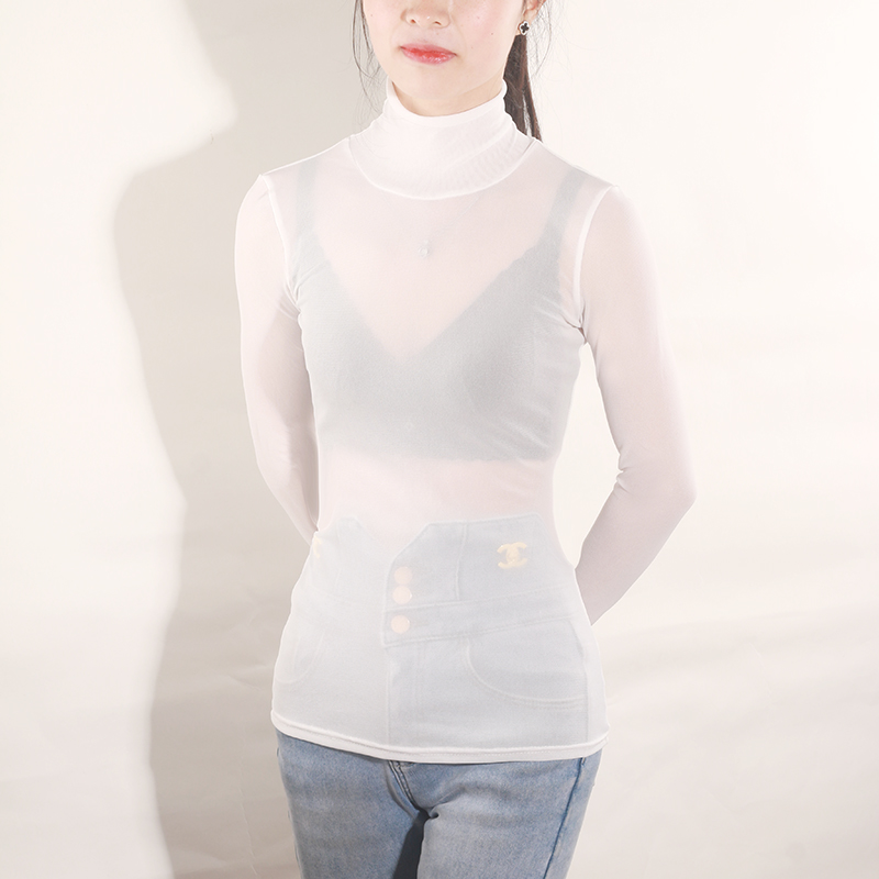 超薄网纱打底衫女秋冬高领黑纱透明透肉白色蕾丝薄纱内搭防晒纱衣