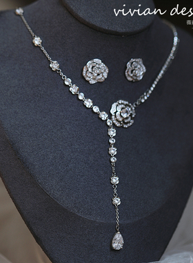 山茶花玫瑰闪项链耳针套装保色千金姐姐名媛气质宴会年会百搭首饰