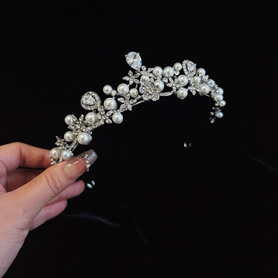 珍珠错落的重工发冠！甜美闪钻皇冠生日写真头饰新娘结婚礼服头饰