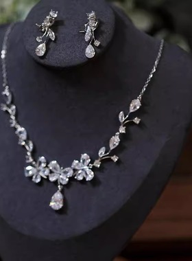 新款包邮锆石项链耳坠超仙轻奢大气宴会套装饰品女法式高级感配饰