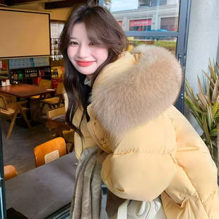 超好看奶黄色羽绒棉服女中长款时尚加厚棉袄外套2025新款冬季棉衣