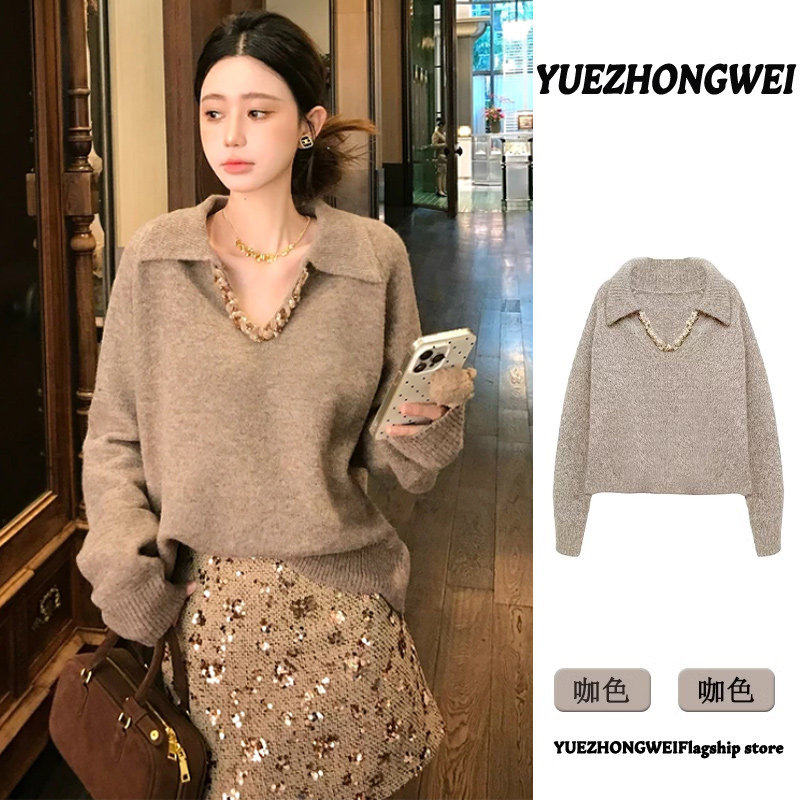 法式V领重工亮片咖色毛衣女款2025新款秋冬季独特漂亮针织衫上衣,女装/女士精品,毛衣,淘宝优惠券,粉丝福利购,淘宝优惠卷