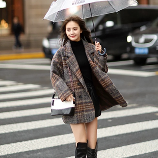 复古格子毛呢西装外套女新款高级感加厚呢子宽松小个子韩系大衣