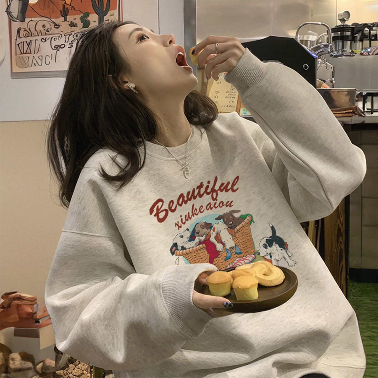 加绒加厚圆领卫衣女无帽秋冬季2025新款爆款白灰色长袖宽松上衣