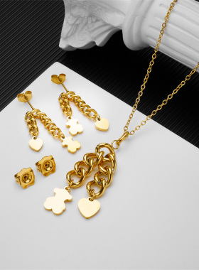 欧美热销小熊耳钉链条桃心小熊女款潮流吊坠项链