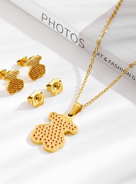 小熊麻点不锈钢耳钉欧美抹油红点百搭女式不锈钢项链套装