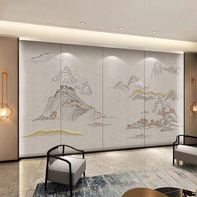 新中式刺绣硬包背景墙沙发电视独绣山水壁画酒店宾馆床头卧室