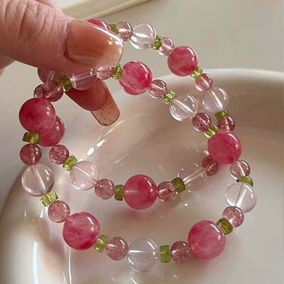 「浔花」国风中式天然蔷薇辉石粉水晶草莓晶橄榄石水晶手串女礼物