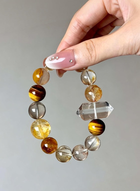 小众设计感新款水晶串珠天然黄胶花虎眼石手链透明白水晶双尖手串