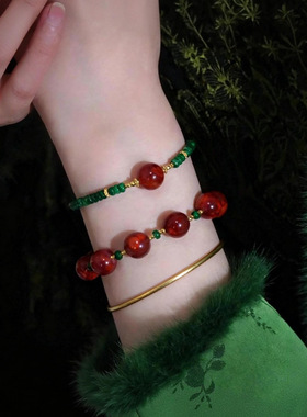 国色芳华新中式天然南红玛瑙干青翡翠手串本命年红色开运手链女款