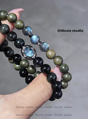 风生水起五行双圈手串天然黑曜石绿檀木手链喜水简约木饰品手饰