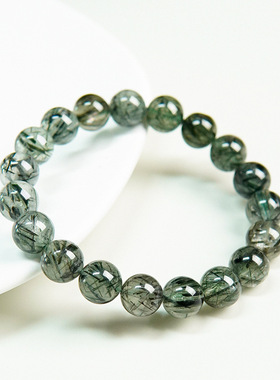 晶翼水晶天然猫眼绿发圆珠手串时尚绿猫眼顺发绿发晶素圈手链