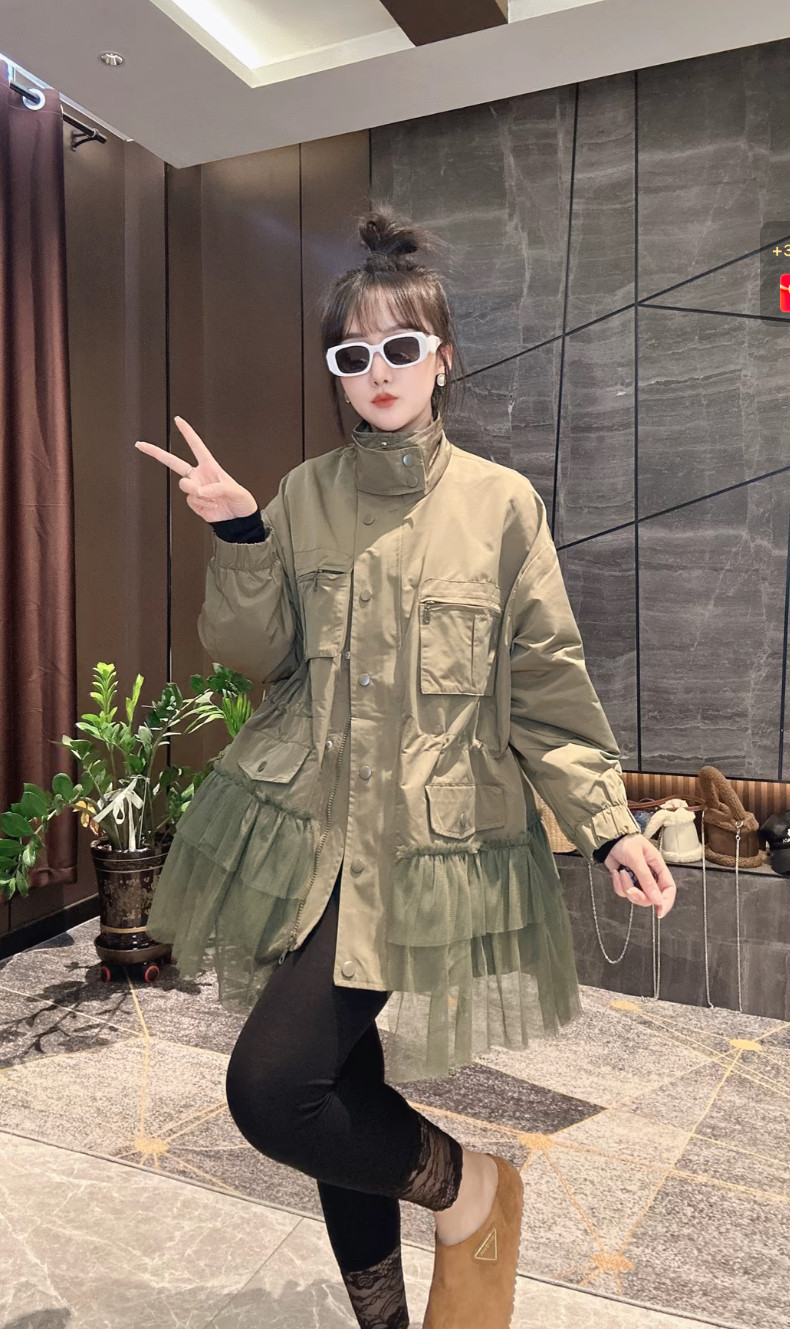 欧货大码立领工装外套女秋季2025新款拼网纱中长款夹克设计感上衣