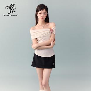 Moster Timnothy原创夏季一字肩上衣设计感T恤女修身辣妹纯欲短袖