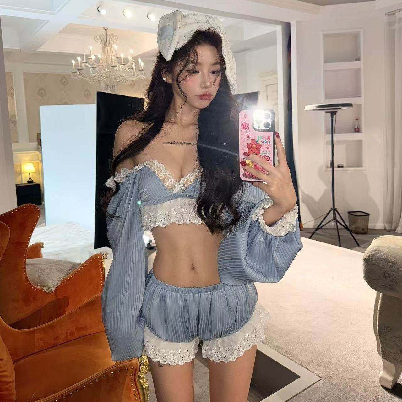 美式辣妹蕾丝花边蓝色条纹长袖上衣女性感修身短裤度假套装泳衣