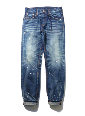高端纯手工磨烂水洗泼墨蓝色猫须潮牌男式赤耳丹宁ZC酱潮牛仔裤男